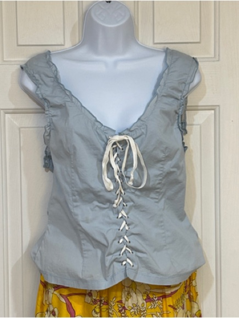 SCOTT Light Blue Lace Up Corset Milkmaid Top Ruffle Trim Boho, Size Large - Picture 2 of 6